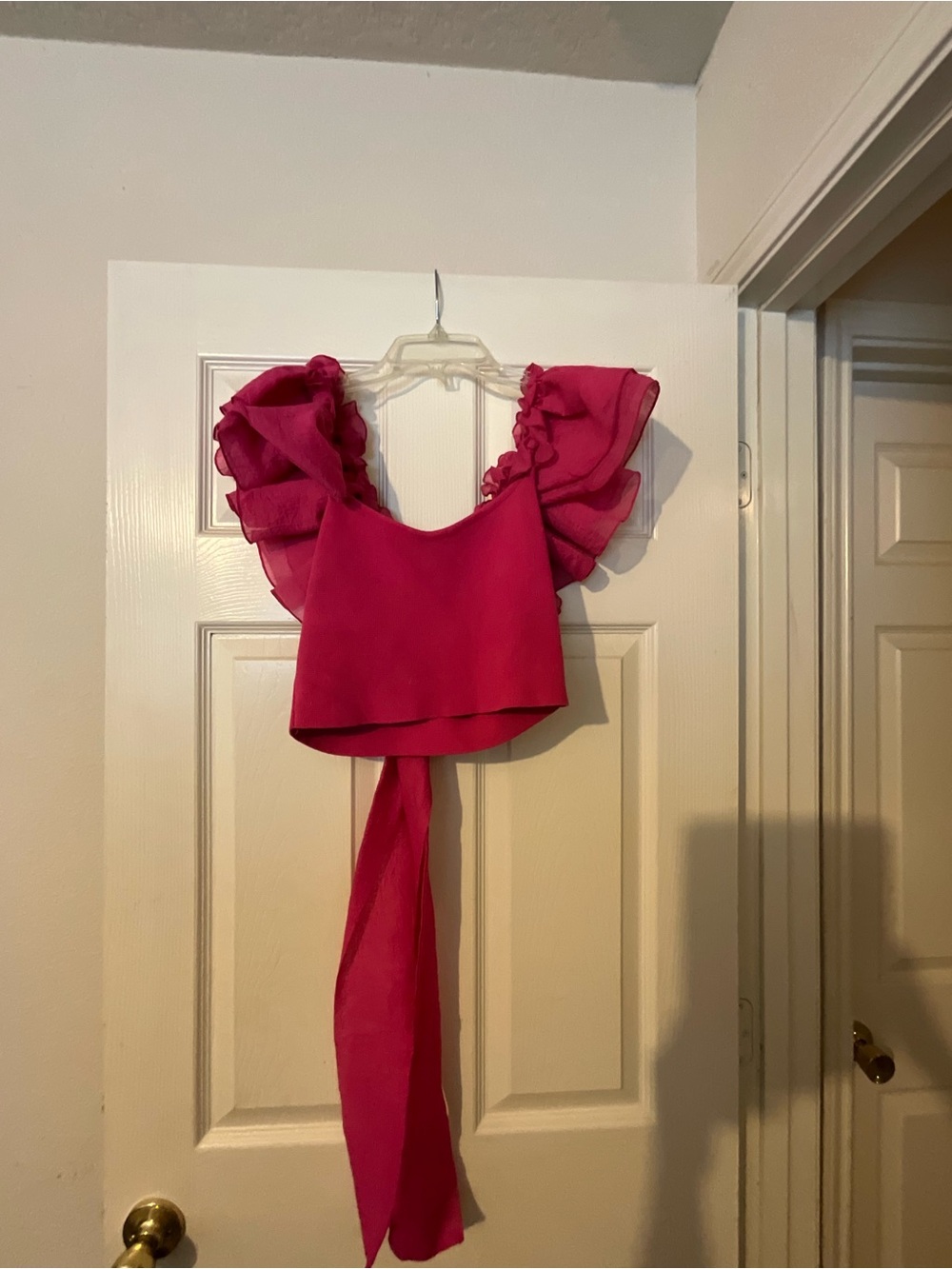 SHEIN Hot Pink Ruffle Sleeve Crop Top with Long Back Tie